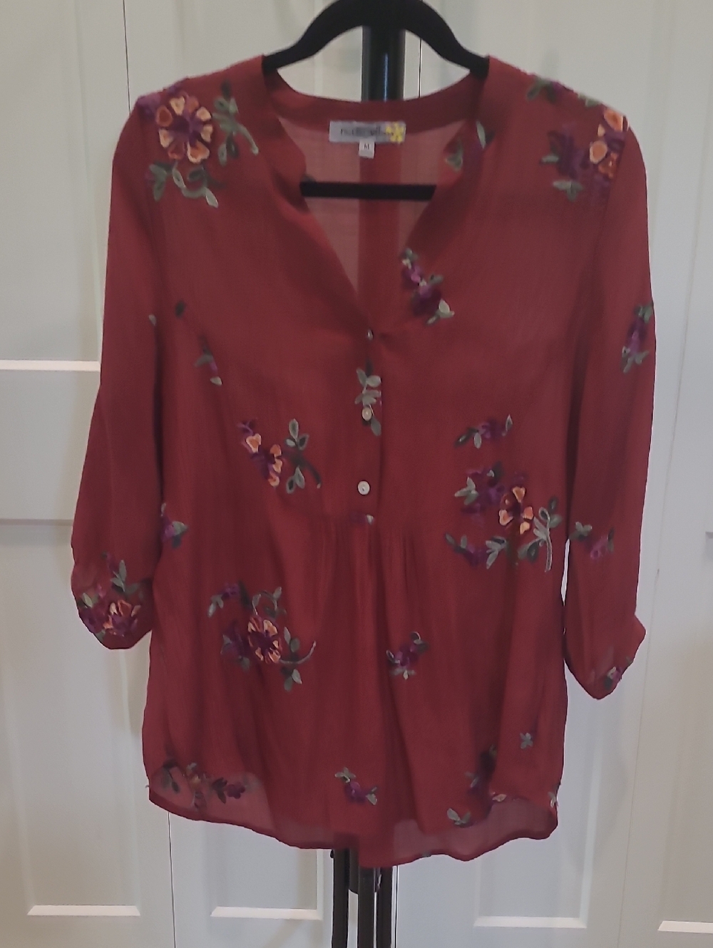 Floral Embroidered Split-Neck Blouse - Rust